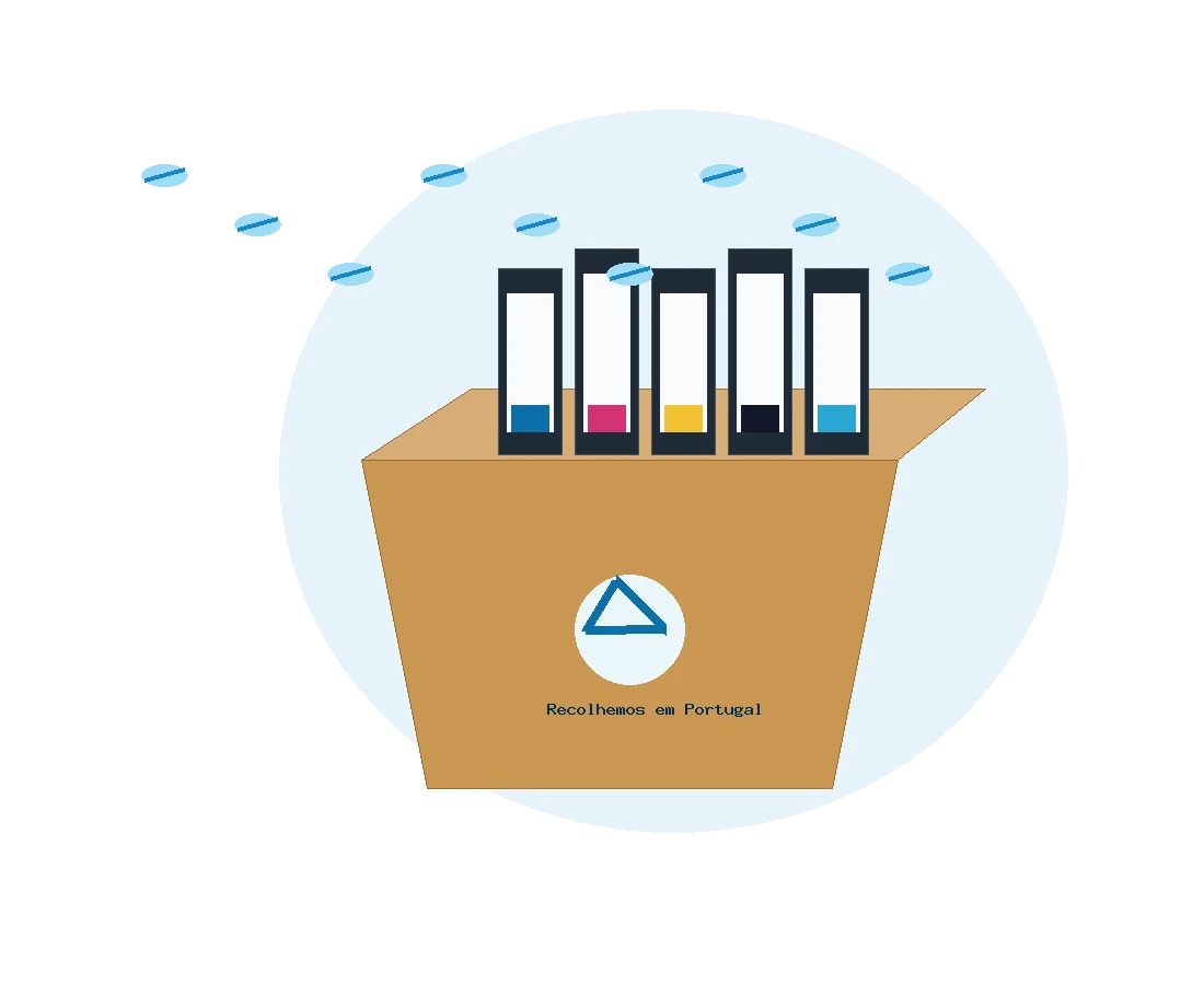 Tinteiros e toners numa caixa de reciclagem com recolha, revisao profissional e pagamento rapido.